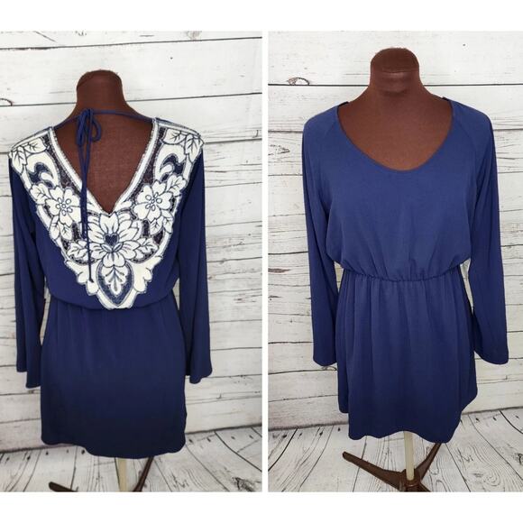 Altar'd State Blue Crochet Floral Open Back Dress Medium Boho Cottagecore Fall - Picture 1 of 7